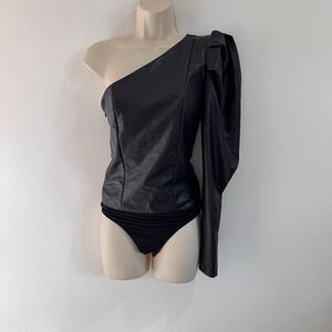 NWT Express Bodysuit S One Shoulder Puff Sleeve Black Faux Leather Thong